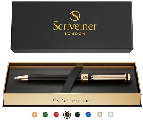 Scriveiner hochwertiger Kugelschreiber in schwarzem Lack – Eleganter Luxus-Kuli, Echtgoldplattierung, mit schwarzer Schmidt-Mine, ideales Geschenkset für Damen und Herren, eleganter Stift fürs Büro
