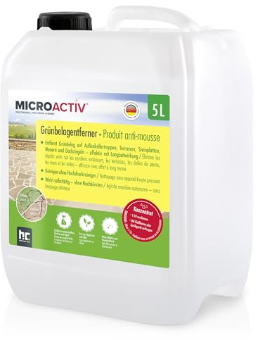 Höfer Chemie Microactiv Steinreiniger Konzentrat 5 L, Grünbelagentferner | 5 Liter Konzentrat ergeben 55 Liter Lösung, 1:10, gegen Moos, Algen, Flechten, für Terrasse, Pflastersteine, Mauer, Dach
