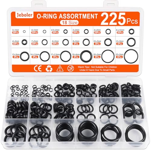 225 Stücke O Ring Sortiment, Ø 3-22 mm Dichtungsringe Set NBR dichtung Dichtringe Dichtungen Oringe Unterlegscheiben Dichtungssatz für Sanitär Wasserhahn Druckleitungen - 18 Größen Schwarz