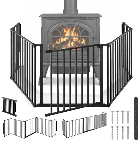 tectake® Kaminschutzgitter mit Tür 290 cm Metall Schutzgitter Ofenschutzgitter Absperrgitter faltbar Tierschutzgitter Türschutzgitter 5 Elemente Laufstall Kinderschutz Tür mit Sicherung - schwarz