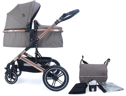 Pixini Neyla Kombi Kinderwagen mit Stoffwanne/Buggy/Wickeltasche/Getränkehalter/Regenplane/Mückennetz/Wickelauflage (gold/braun)