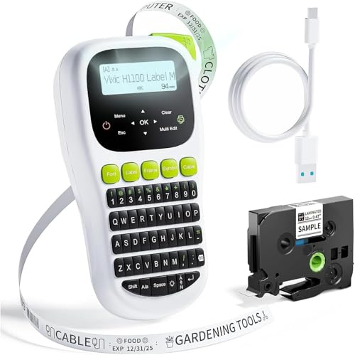 Vixic H1100 Etikettendrucker, Beschriftungsgerät Selbstklebend, Etikettiergerät mit QWERTY Tastatur für 12 mm breite BZ-Schriftbänder für Büro Hause (Weiß-Grün)