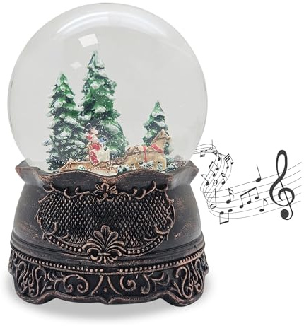 Schneekugel Weihnachten mit Musik | Weihnachtsbaum Holen | Schlittenfahrt Winterwald | Sockel Kupfer antik | H: 14cm B: 10 cm | Schüttelkugel Weihnachten Winter mit Spieluhr | 20325