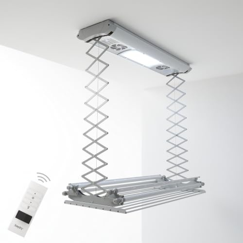 Foxydry Air, elektrischer, Ferngesteuerter, deckenwäschetrockner, 122 cm | platzsparend, aus aluminium, motorisiert, ausziehbar, geeignet für bettwäsche, trägt 35 kg, grau
