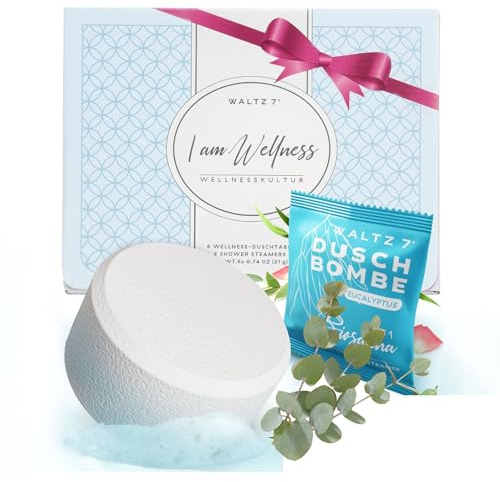 WALTZ 7 Eukalyptus Duschbomben 6er Set, Badebomben Alternative, Entspannungsset, ätherische Öle, Aromatherapie, Zusatz Dampfdusche, Erkältungsdusche für Zuhause, Geschenk Mitbringsel