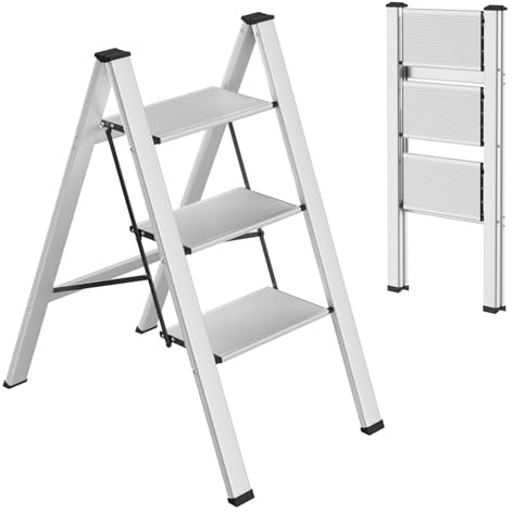 TLGREEN Alu Trittleiter 3-Stufen-Leiter Klappleiter Rostfeste rutschfeste Stehleiter Haushaltsleiter Multifunktionale Tritthocker Licht Platzsparend bis 150kg Belastbar für Küchen Haushalt Außen Büro