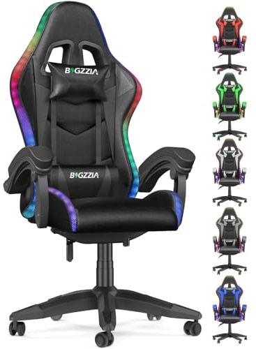 bigzzia Gaming Stuhl mit LED - Gaming Sessel Ergonomischer PC Stuhl mit Kopfstütze, Gaming Chair RGB Licht Beleuchtung Computerstuhl, Gamer Stuhl für Jugendliche und Erwachsene, Schwarz