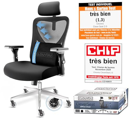 CLOUVOU CleverSeat Bürostuhl Ergonomisch [TESTSIEGER] Schreibtischstuhl 100% individuell einstellbar | Büro Stuhl & Gaming Stuhl | Computerstuhl Home Office Chair Ergonomic | Drehstuhl 150 kg