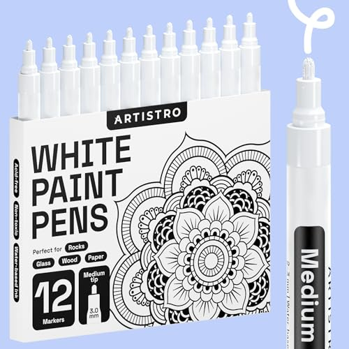 Artistro 12 Weiße Acrylstifte für Steinbemalung, Stein, Keramik, Glas, Holz, Reifen, Stoff, Metall, Leinwand – 12er Set Acrylmarker auf Wasserbasis – Mittlere Spitze