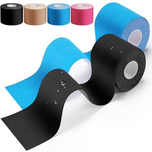HONYAO Kinesiotapes 2 Rollen, Kinesiologie Tape (5m×5cm), Physiotape für Schulter, Rücken, Knie, Ellenbogen und Nacken, Tape Sport, Hautfreundlich, Elastisch & Wasserfest - Blau & Schwarz