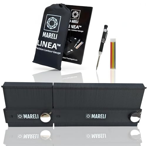 MARELI LINEA Konturenlehre 13+25 cm, unendlich verbindbar mit Profilarretierung – Kit Schwarz mit Profi-Bleistift, Minen, Beutel+Box – Für Anriss & Zuschnitt von Holz, Fliesen, Parkett – Geschenkidee
