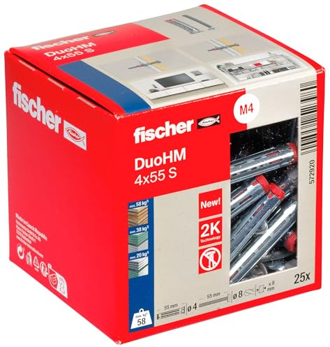 fischer Hohlraumdübel DuoHM 4 x 55 S PZ, Plattendübel mit metrischer Panheadschraube und PZ-Antrieb zum Befestigen von TV-Halterungen, Leuchten, Wandregalen, uvm. in Plattenbaustoffen, 25 Stück