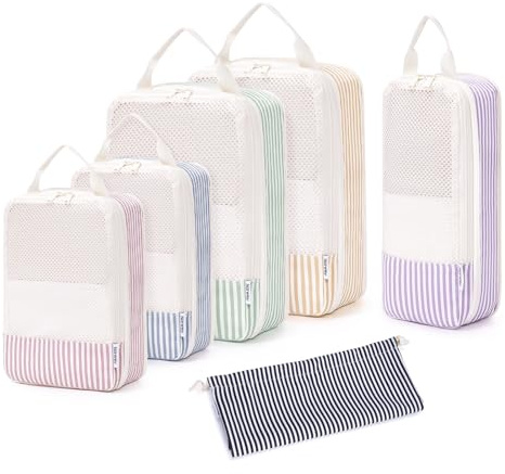 Narwey 6 Teilige Koffer Organizer Set, Compression Packing Cubes Backpack Packwürfel Rucksack Kofferorganizer Packtaschen Set Kompression für Koffer, Travel Essentials Organizer (Kombiniert Streifen)