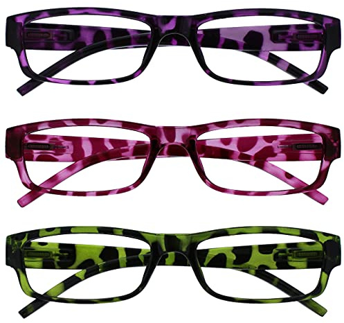 OPULIZE ACE Lesebrille für Damen und Herren - 3er-Pack - Schmaler Rechteckiger Rahmen - Komfort Federscharniere - Kratzfest - Lila Rosa Grün Schildpatt +2.50