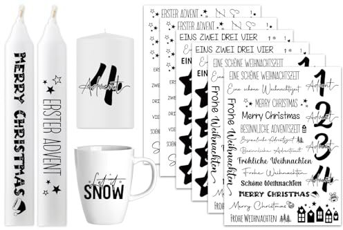 6 PCS Kerzentattoos Advent Weihnachten, Kerzen Tattoo Weihnachten mit Zahlen Adventskerzen 1-24, Wasserschiebefolie Kerzen Sticker Sprüche für Adventskerzen