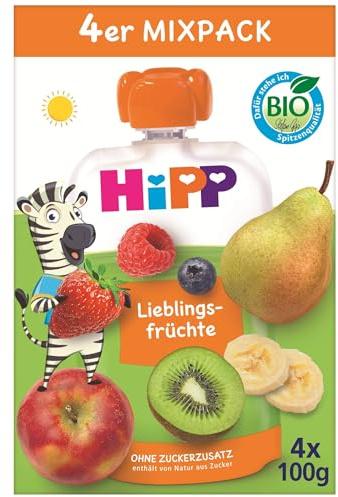 HiPP Bio Quetschie Mixpack Lieblingsfrüchte, 16 Stück (4er Pack mit je 4 x 100g), vier beliebtesten Sorten, ab 1 Jahr, ohne Zuckerzusatz, in bester Bio-Qualität