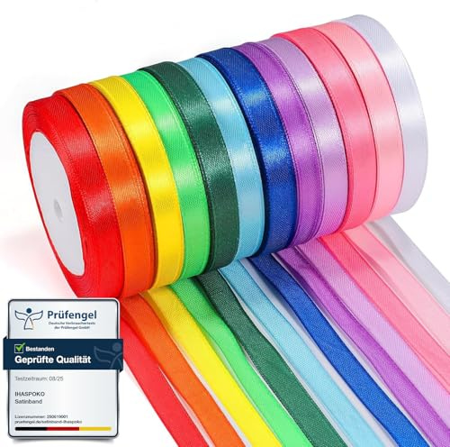 ihaspoko 12 Polyester Satinband, 10 mm x 22 m Schleifenband, Dekoration Geschenkband für Heimwerkerkunst Handwerk, Geschenk Verpackung, Schleifen, Hochzeitsdekoration
