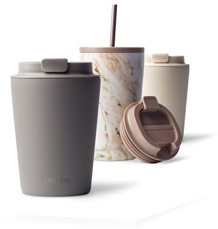 MAMEIDO Thermobecher 350 ml (Taupe Grey) | 4h heiß/8h kalt, auslaufsicher & BPA-frei mit Klappdeckel, Kaffeebecher to go aus Edelstahl – passt in Autohalter