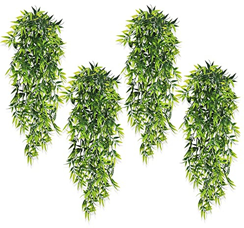 ROLLWAY 4 Stück Hängepflanzen Künstlich, Kunstpflanze Bambus Hängend, 80cm | Fake PflanzePlastik Grünpflanze Plastikpflanzen, Für Indoor Outdoor Wohnzimmer, Zimmer, Balkon,Hochzeit, Garten, Wand Deko