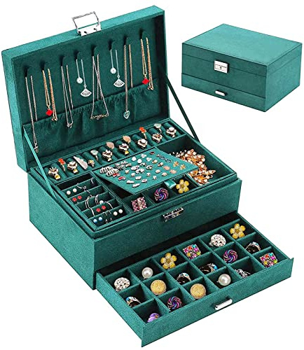 Withosent Schmuckkästchen 3 Ebenen, Schmuckschatulle aus Samt, Schmuckbox Schmuckkoffer für Damen, Schmuckkästen für Ringe, Ohrringe, Halsketten und Uhren, mit Schloss und Schlüssel