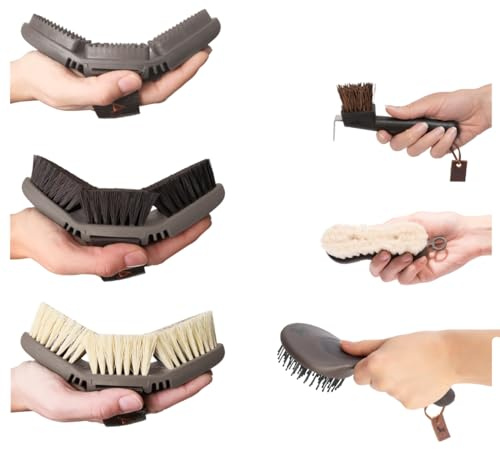 Animalon Basis-Set | Kardätsche, Striegel, Wurzelbürste, Schweif- & Mähnenbürste & Hufbürste | Basis-Ausrüstung für die tägliche Pferdepflege (braun)
