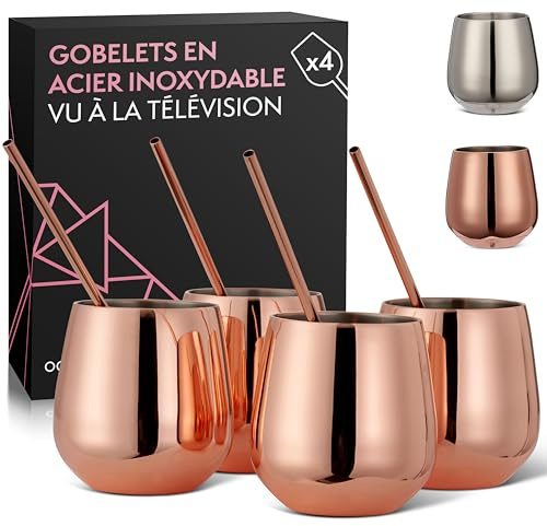 Oak & Steel - 4 Edelstahl Roségold Weingläser ohne Stiel, 4 Metallstrohhalme & Reinigungsbürste, 350 ml - Doppelwandig, Robust & Unzerbrechlich - Geschenkset für Weihnachten