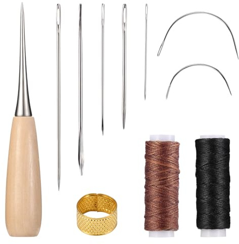 Nynkyon Leder Nähen Reparaturset, Lederbearbeitungswerkzeuge mit Ahle, Wachsfaden, Nadeln und Fingerhut für Heimwerker, Möbelnähe, geeignet für Sofas, Taschen