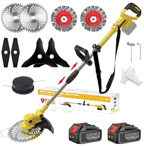 Rasentrimmer mit Akku und Unkrautbürste, Akku Rasentrimmer mit 5 Klingentypen und 2 x 4.0Ah, 21V Bürstenlose Akku Freischneider mit Tap&Go M10 x 1,25, für Garden Trimmen