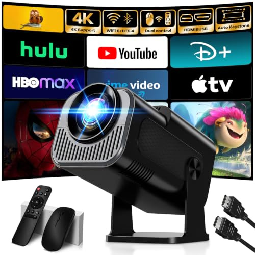 Mini Beamer Unterstützt 4K 1080P, Projektor Tragbarer mit WiFi 6 und Bluetooth 5.4, Beamer Klein Projektor Auto Keystone 270° Dreh Kompatibel mit HDMI/TV Stick/Memory Stick/Laptop, Schwarz