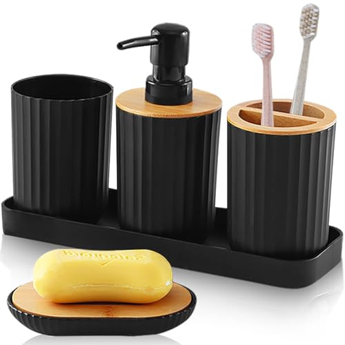 Lighterday 5 teiliges Schwarzes Badezimmer Zubehör Set, Badezimmer Zubehör aus Kunststoff, Badezubehör einschließlich Badezimmer Seifenspender, Zahnbürstenhalter, Badezimmerbecher, Seifenschale