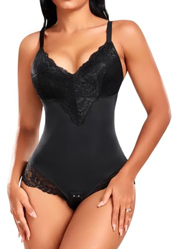 PASUDA Shapewear Damen Bauchweg Body Shaper Stark Formend Bodysuit Sexy Spitze Formbody Shaping Bodysuit V-Ausschnitt Miederbody Figurformender mit BH (Schwarz, L)