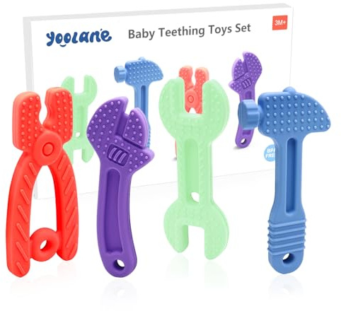 Yoolane Beißring Baby, Beißspielzeug aus Silikon, Baby Spielzeug ab 3 6 9 12 Monate, Werkzeug Beissring Kühlend, Zahnungshilfe BPA-frei, Geschenke Geburt Neugeborene Junge und Mädchen (4 Stück)