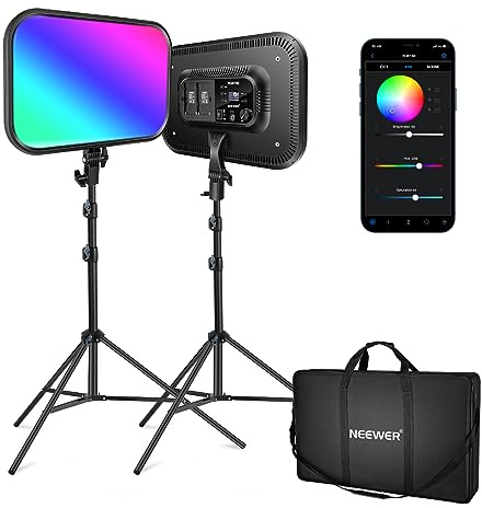 NEEWER RGB168 18,3 60W RGB LED Videoleuchte Panel Set mit Stative Ständer App Steuerung 360°Vollfarbe Dimmbar 2500K-8500K RGB Videolicht/CRI 97+/17 Szeneneffekten Studio Dauerlicht Fotografie, 2Pack