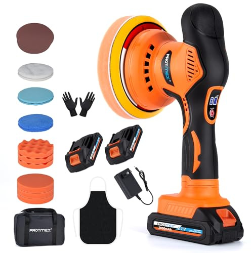 Protmex Poliermaschine Auto Akku - 6 Variable Geschwindigkeit Auto Politur Set 2800-5500RPM 21 PCS Aufsätze, 2 x 21 V 1,5 Ah Akku Poliermaschine für Auto Autopflege Polieren Wachsen Kratzerentfernung