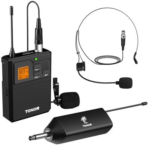 TONOR UHF Mikrofon Kabellos Set mit Headset Kopfbügel Funkmikrofon/Lavalier Ansteckmikrofonen Bodypack Transmitter, Empfänger, 6,35mm Ausgang 60 m Reichweite für Live-Auftritte, TW621, 1 Mikrofon