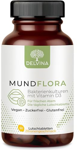 Delvina Mundflora - Frischer Atem - 90 Lutschtabletten mit Bakterienkulturen und Vitamin D3 - für ein frisches Mundgefühl, ohne Mundspülung - Zitrone, 3 Monatsvorrat