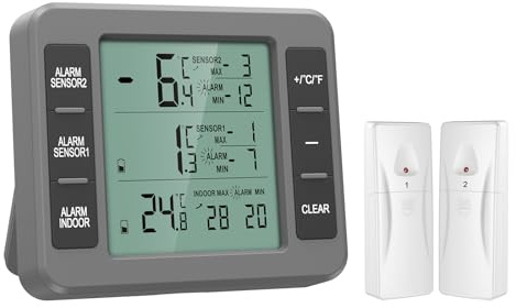 ORIA Kühlschrank Thermometer, Gefrierschrank Thermometer, Innen Außen Thermometer mit 2 Sensoren, Temperatur Alarm Funktion, MIN/MAX, Temperaturtrend - Grau