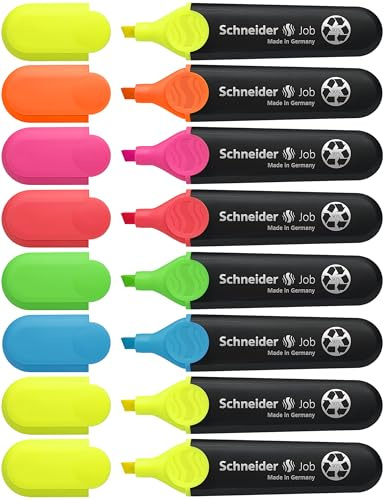 Schneider Job 150 Textmarker (mit Keilspitze für zwei Strichstärken, ausgezeichnet mit Der blaue Engel) Grün, Gelb, Pink, Orange, Rot, Blau