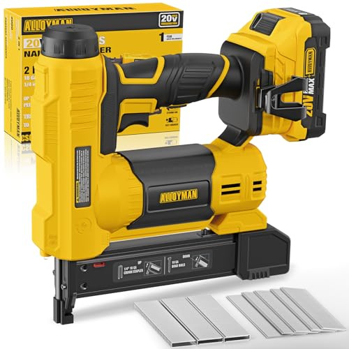 Alloyman 20V MAX Akku Nagler Nagelpistole und Tacker, 18 Gauge 2 in 1 Elektrotacker, mit 2,0Ah Akku und Ladegerät, 1000 Nägel und 500 Heftklammern enthalten, für Heimwerker und Holzarbeiten