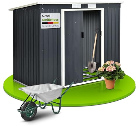 Juskys Gerätehaus Metall 4 m² – Geräteschuppen mit Pultdach, Schiebetür & Fundamentrahmen, kleines Gartenhaus als Gartenschrank 213x130x173 cm – Anthrazit