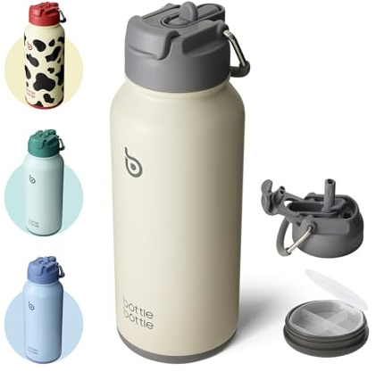 BOTTLE BOTTLE Edelstahl Trinkflasche 850ml Strohhalm&Pillenfach Sport Grau | Isolierflasche auslaufsicher mit Direkttrinken, doppelwandig, BPA-frei, Thermoflasche für Fitness, Outdoor & Camping