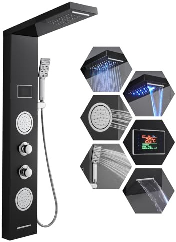 Duschpaneel LED ohne Batterie, OUGOO Duschpaneel mit Armatur und Temperaturanzeige, 5 Duschmodi - Regendusche, Wasserfalldusche, Massagedusche, Handbrause und Wanneneinlauf, 304 Edelstahl, Schwarz