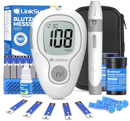 LinkSun Blutzuckermessgerät (mg/dL), 100 Teststreifen & Lanzetten, G-425-3 | Blutzuckermessgerät Set mit Teststreifen, Stechhilfe, Kontrolllösung, Codierungsfrei, Schmerzfrei & Schnell, mg/dL & mmol/L
