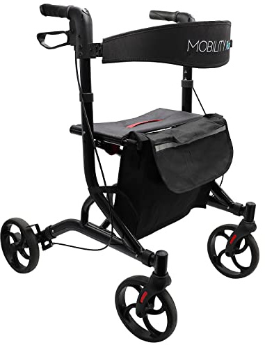 Mobility Plus+ Leichtgewicht Rollator LR10+ Schwarz - Indoor Outdoor | schmal, kompakt, faltbar & höhenverstellbarer Gehwagen für Senioren inkl. Rückengurt Tasche Stockhalter Reflektoren