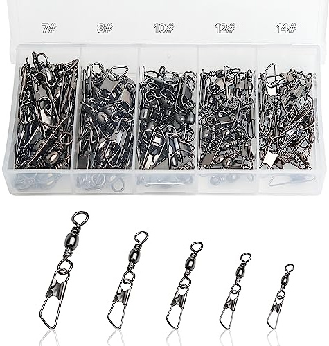 Realure 100/200 Stück Wirbel Angeln Forellen Angeln Wirbelkarabiner Edelstahl Angelwirbel Mit Karabiner Fischköder Angel Wirbel fur Salzwasser Wirbel, Angelzubehör Wirbel 5 Größe 7# 8# 10# 12# 14#