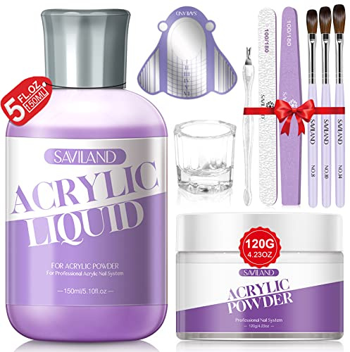 Saviland Acryl Nagelset, 120g Klares Acrylpulver und 150ml AcrylLiquid für Nägel, Acryl Nägel Starterset AcrylFlüssigkeit mit Pinsel AcrylPulver Nails Set AcrylNagel Set für Anfänger Nagelexperten