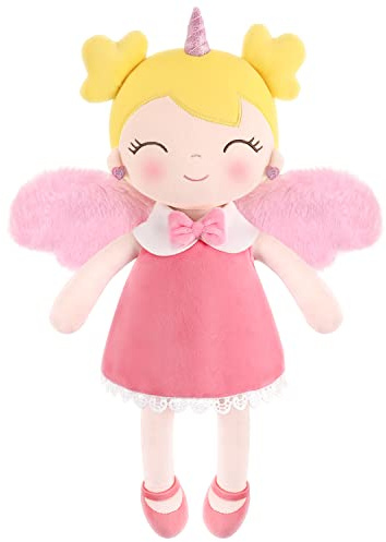GAGAKU Weiche Stoffpuppe 40cm Einhorn Schutzengel Puppen, Taufe Geschenk Taufgeschenke für Mädchen Baby mit Flügeln Kuschelpuppe Glücksbringer für Kinder von 3-5 Jahren - Rosa