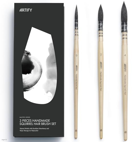 ARTIFY Aquarellpinsel Eichhörnchenhaar, 3er Set Rundpinsel #0#2#4 | Handgefertigt aus 100% echtem Eichhörnchenhaar, hohe Wasseraufnahme & feine Spitze, ideal für Aquarell, Gouache & Tusche