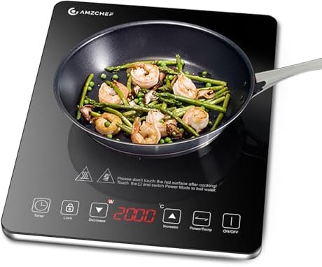 Induktionskochfeld 1 Platte, AMZCHEF Kochplatte Induktion mit ultradünnem Design, 20-Temperaturstufen und 20-Leistungseinstellung, 2000W Induktionskochplatte mit 3-Stunden-Timer, Sicherheitsschloss