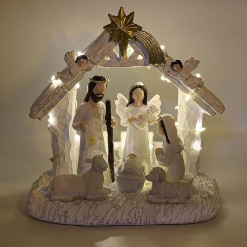 Krippenfiguren Set – Weihnachtskrippe Mit Beleuchtung, Handbemalt Krippe Weihnachten – Weihnachtskrippe Komplettset Mit Jesus Figur, Nativity Scene Set, Christliche Deko & Weihnachtsdeko Indoor